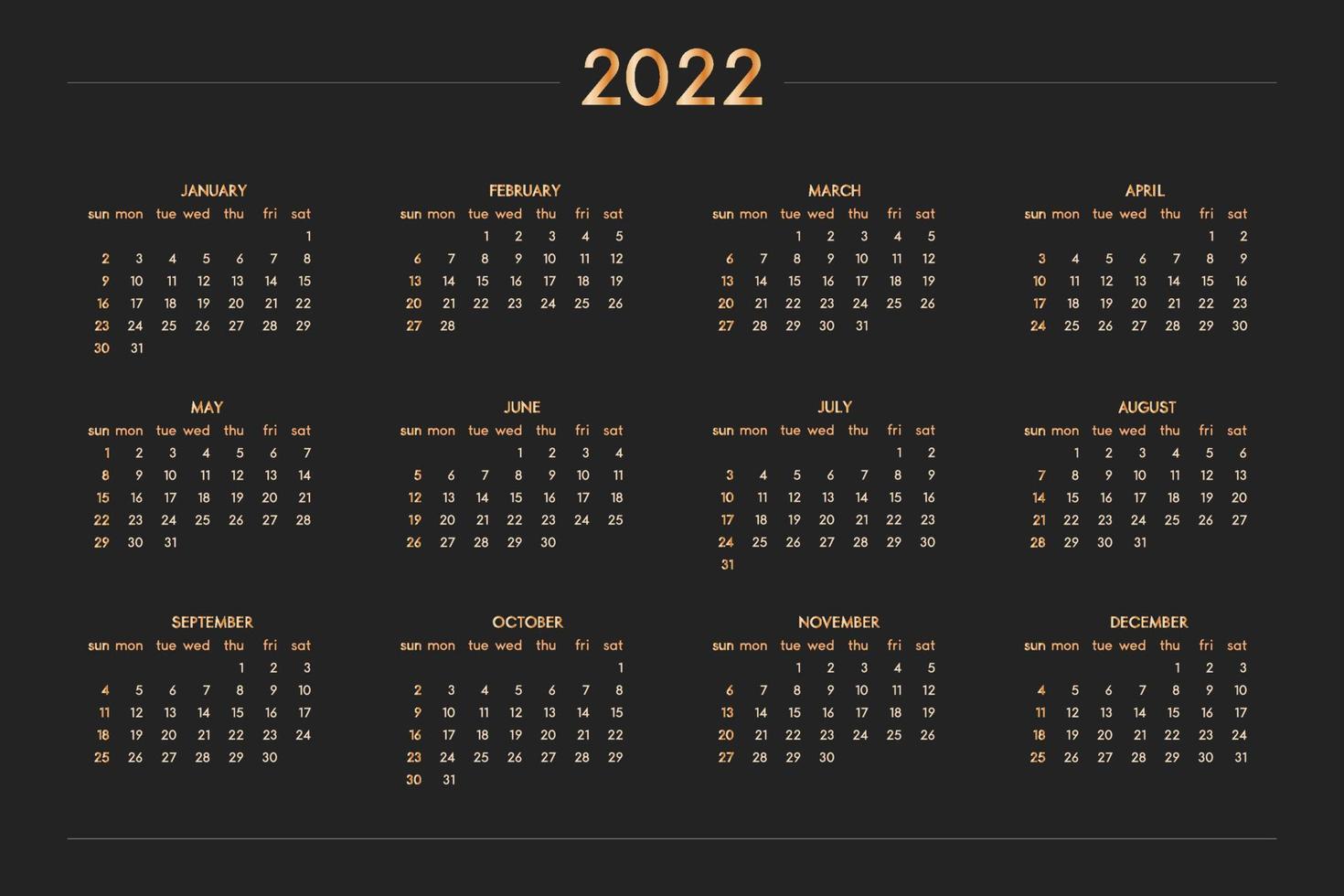 2022 calendar for personal planner diary notebook, gold on black luxury rich style. Horizontal landscape format. Week starts on sunday vector