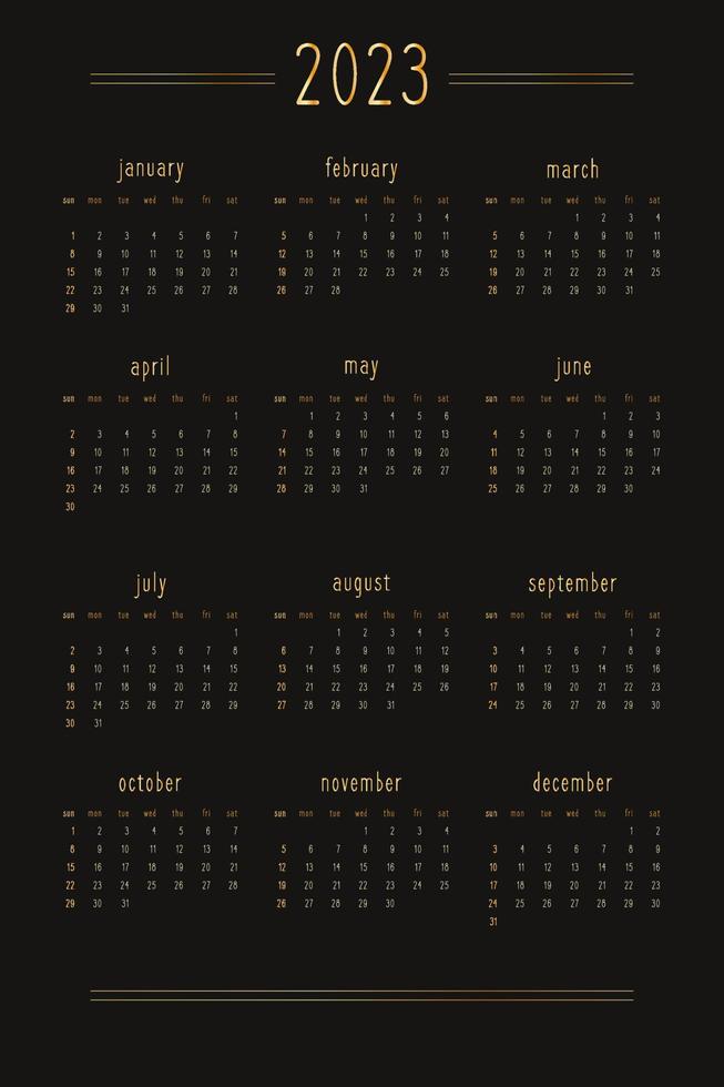 2023 calendar for personal planner diary notebook, gold on black luxury rich style. Vertical portrait format. Week starts on sunday vector