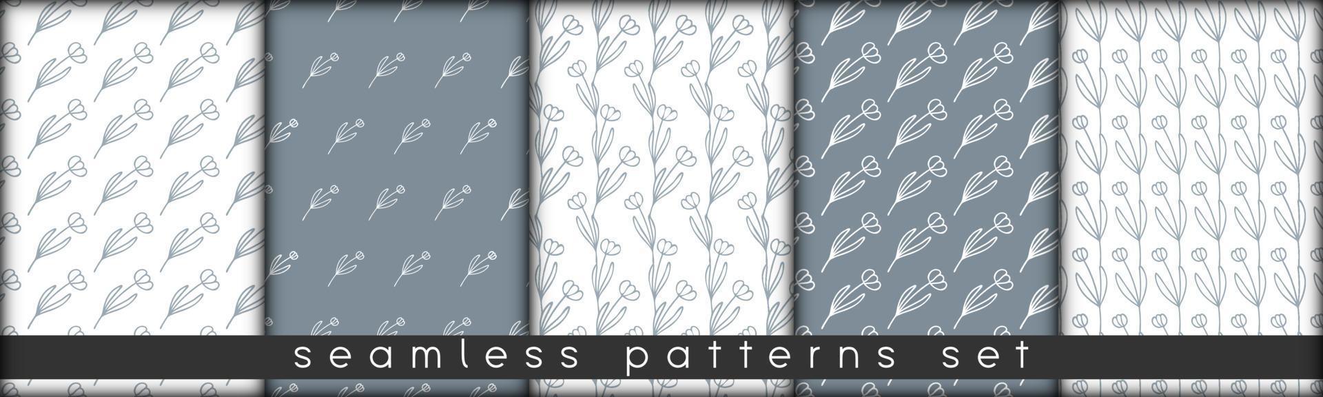 set of combinable seamless patterns. botanical floral hand drawn lineart elements dots spots, ultimate gray and white. design for packaging wrapping fabric textile vector