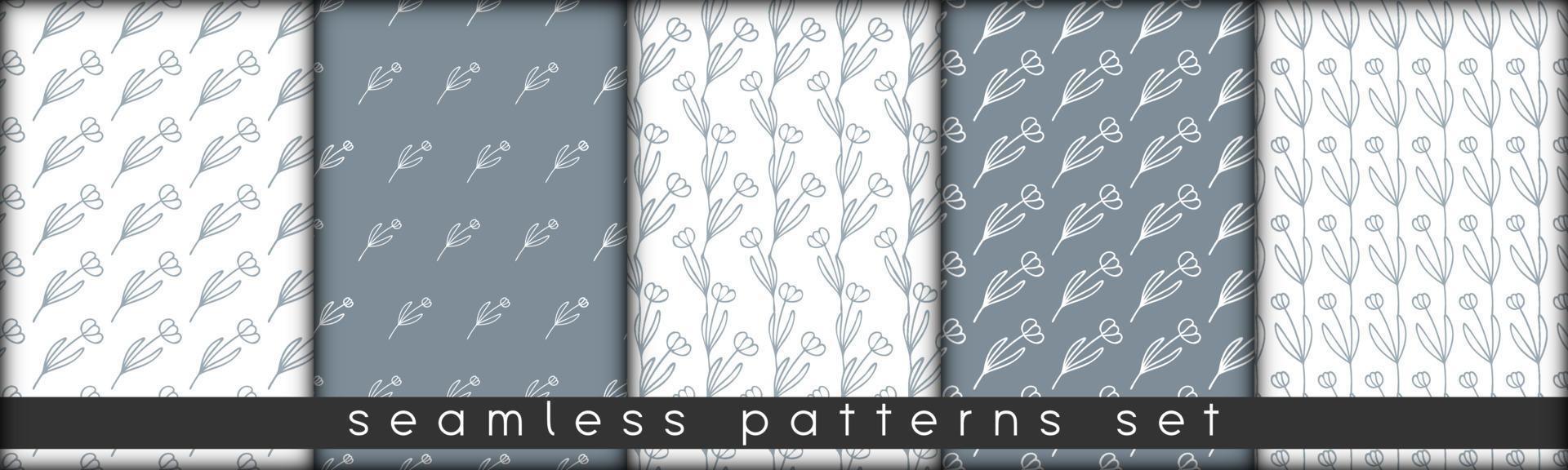 set of combinable seamless patterns. botanical floral hand drawn lineart elements dots spots, ultimate gray and white. design for packaging wrapping fabric textile vector