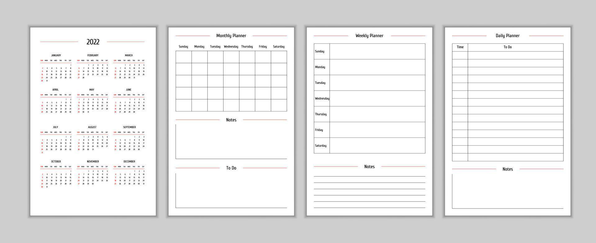 2022 calendar and daily weekly monthly personal planner diary template in classic strict style. Monthly calendar individual schedule. Week starts on sunday vector