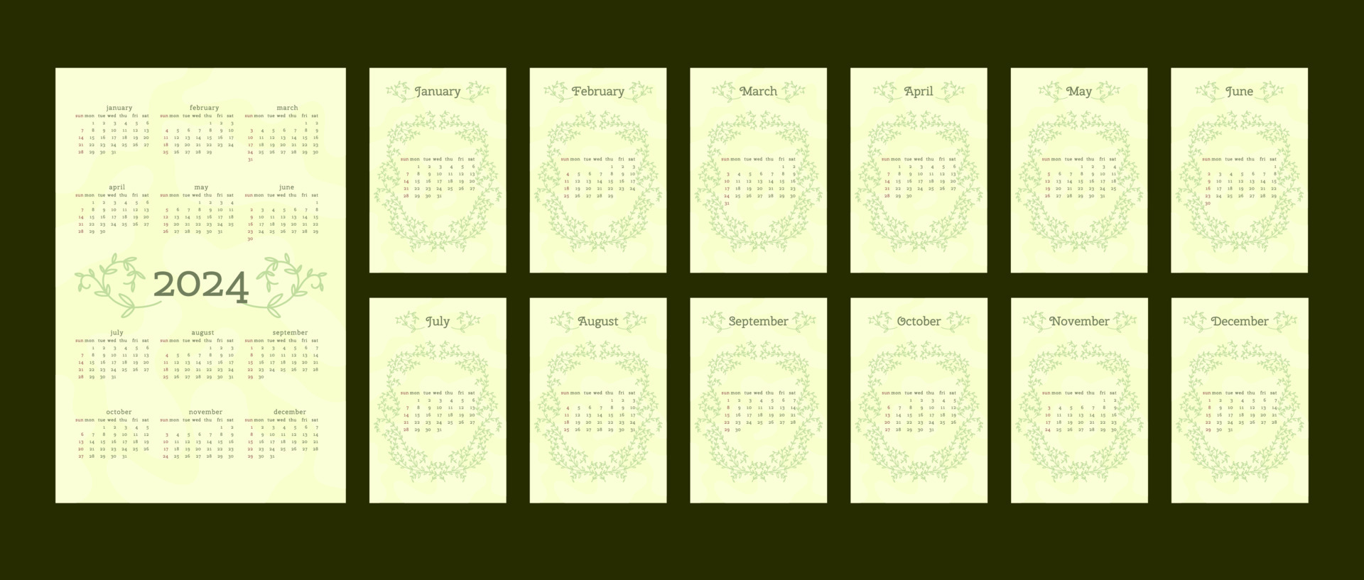 2024 calendar in delicate natural trendy style decorated with botanical