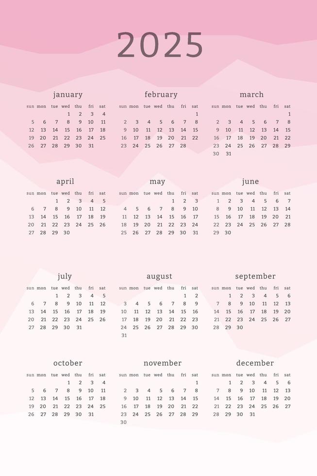Vertical pink calendar for 2025 year. Mountains silhouettes abstract gradient colorful background. Calendar design for print and digital. Week starts on Sunday vector