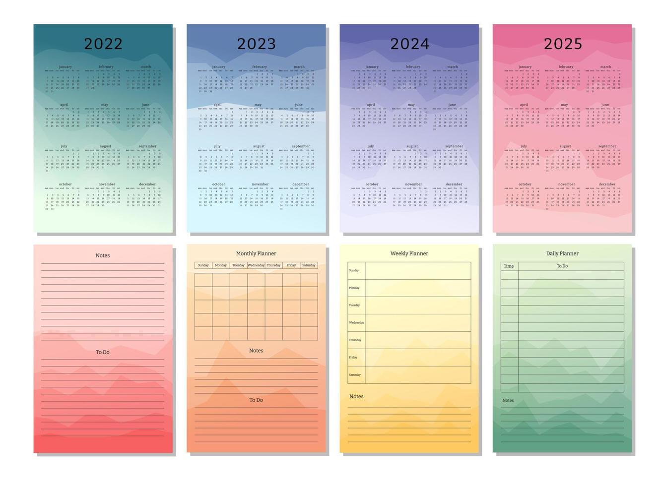 2022 2023 2024 2025 calendario vertical diario semanal mensual planificador personal calendario plantilla de diario. pico silueta abstracta fondo colorido degradado, diseño para impresión y digital vector