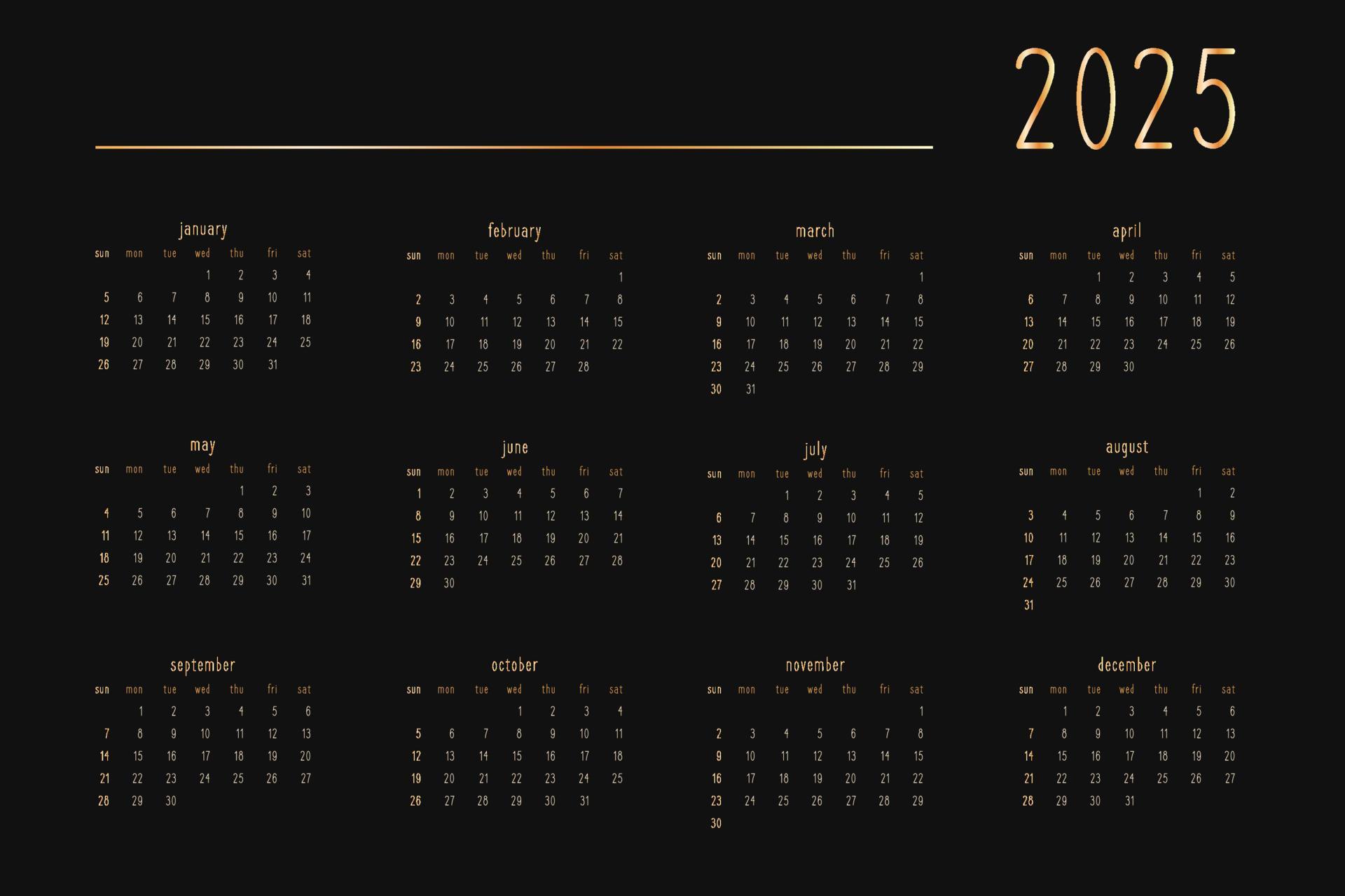 2025 calendar for personal planner diary notebook, gold on black luxury