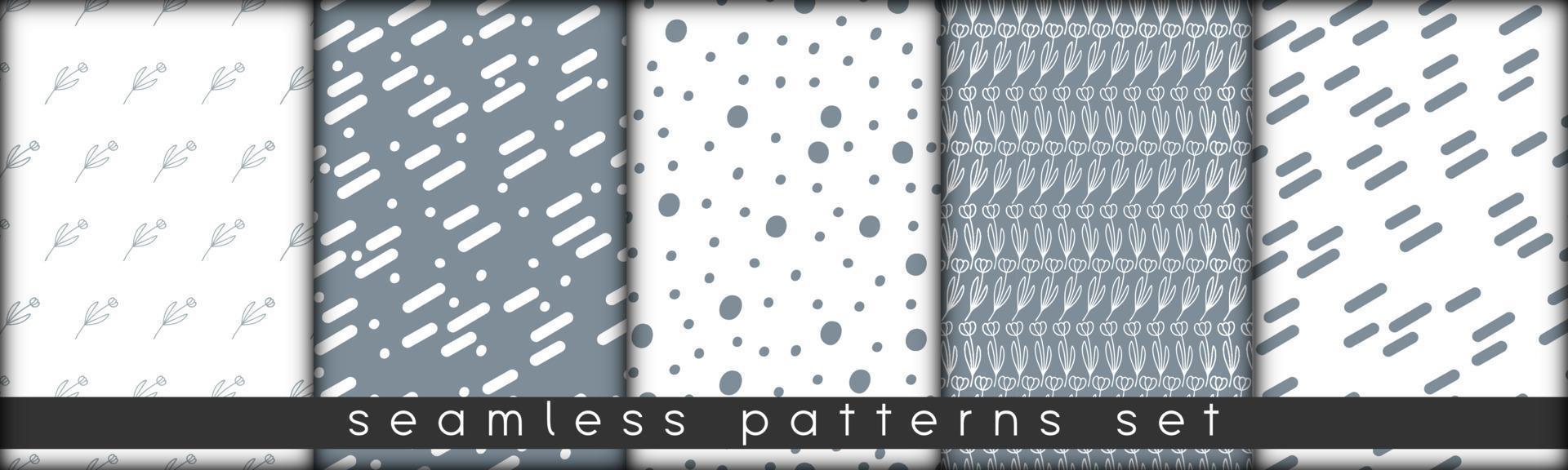 set of combinable seamless patterns. botanical floral hand drawn lineart elements dots spots, ultimate gray and white. design for packaging wrapping fabric textile vector