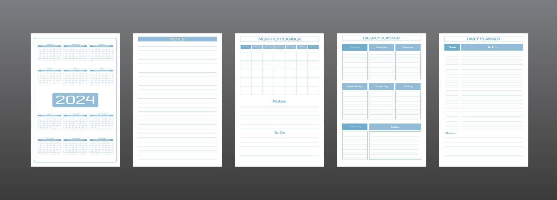 2024 calendar daily weekly monthly personal planner diary template in strict minimalist urban style gray blue color. individual schedule Week starts on sunday vector