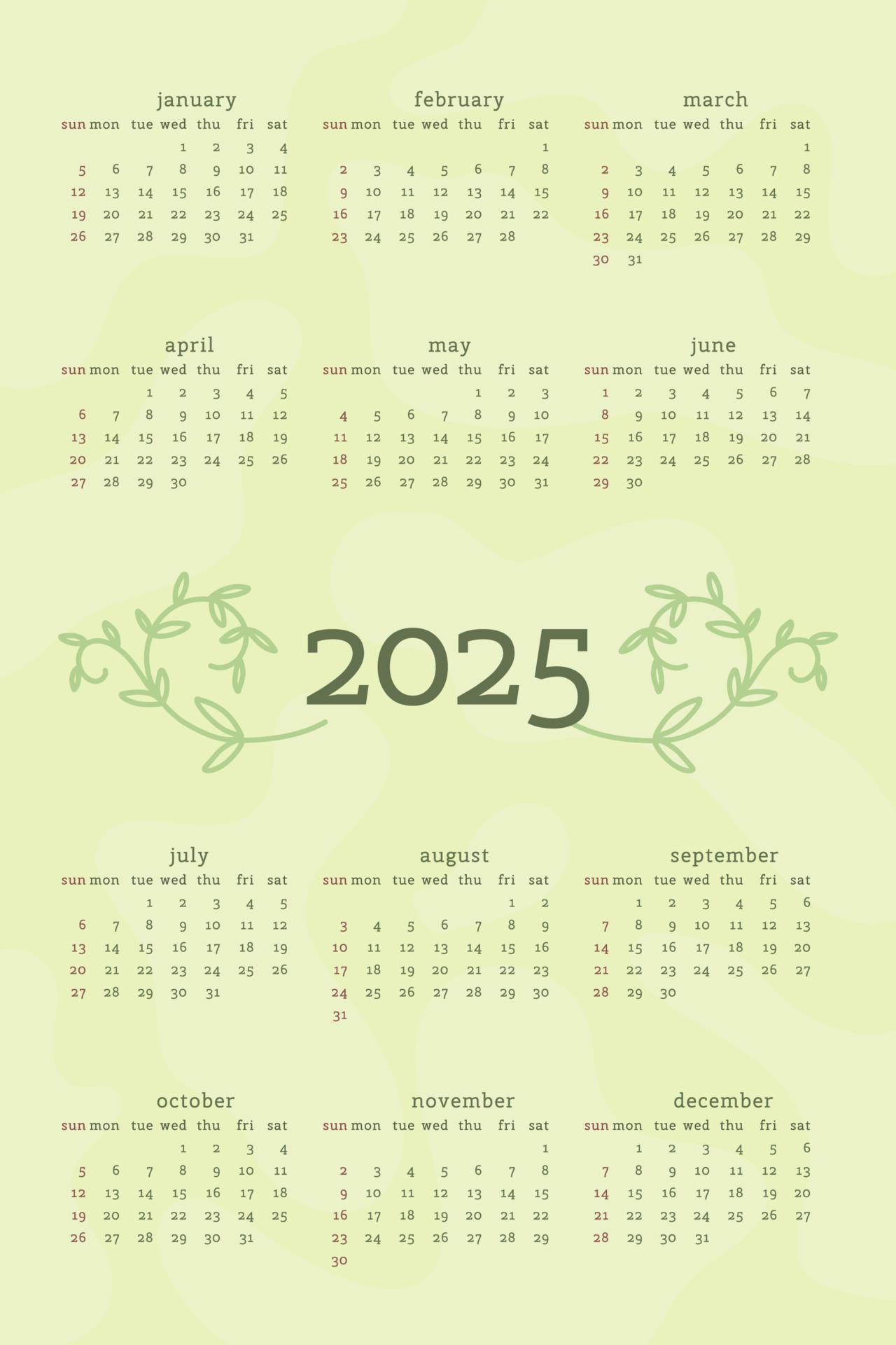 Calendario 2025 en un delicado estilo natural de moda decorado con hojas de rama botánica floral