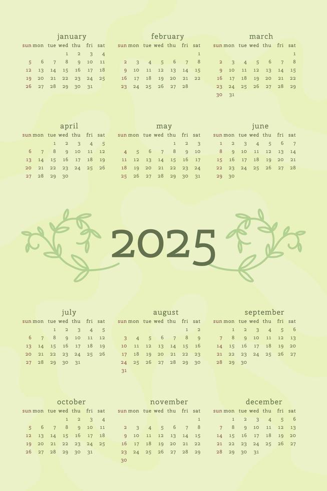 2025 calendar in delicate natural trendy style decorated with botanical floral hand drawn branch leaves. vertical format. light pastel green color. week starts on Sunday. vector