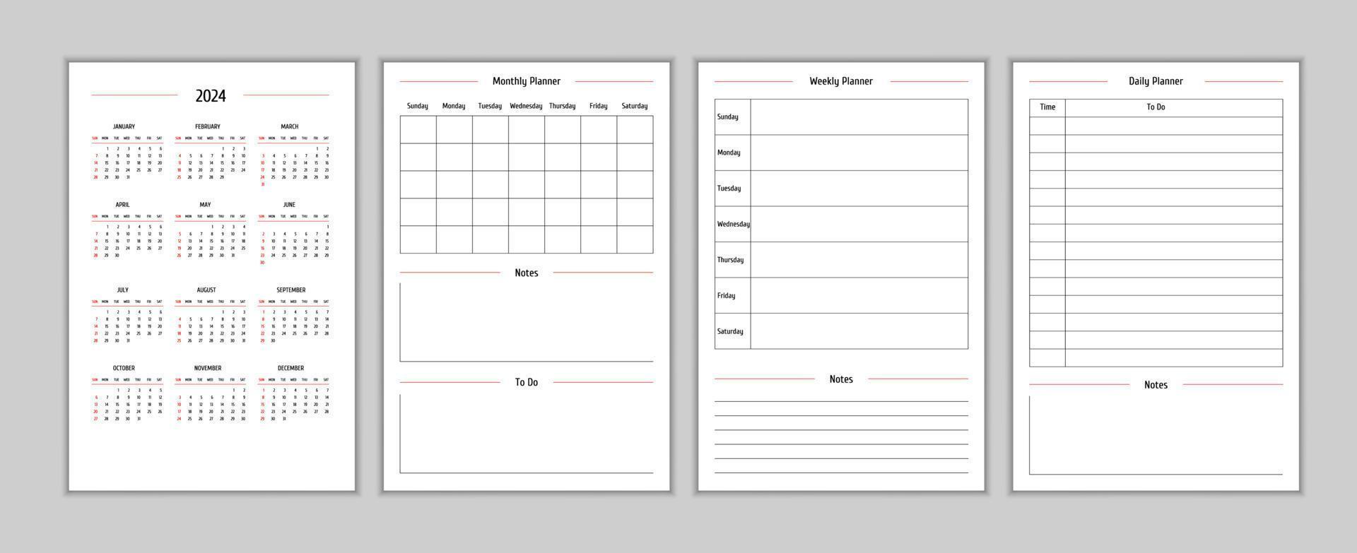 2024 calendar and daily weekly monthly personal planner diary template