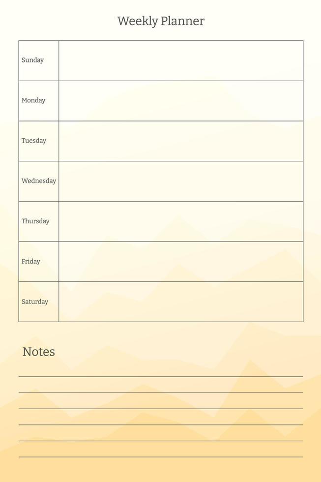 planner template. tasks list and notes with column and row lining. Design for diary notebook notepad on multi-colored sheets with abstract bright background of gradient peaks of mountains. vector