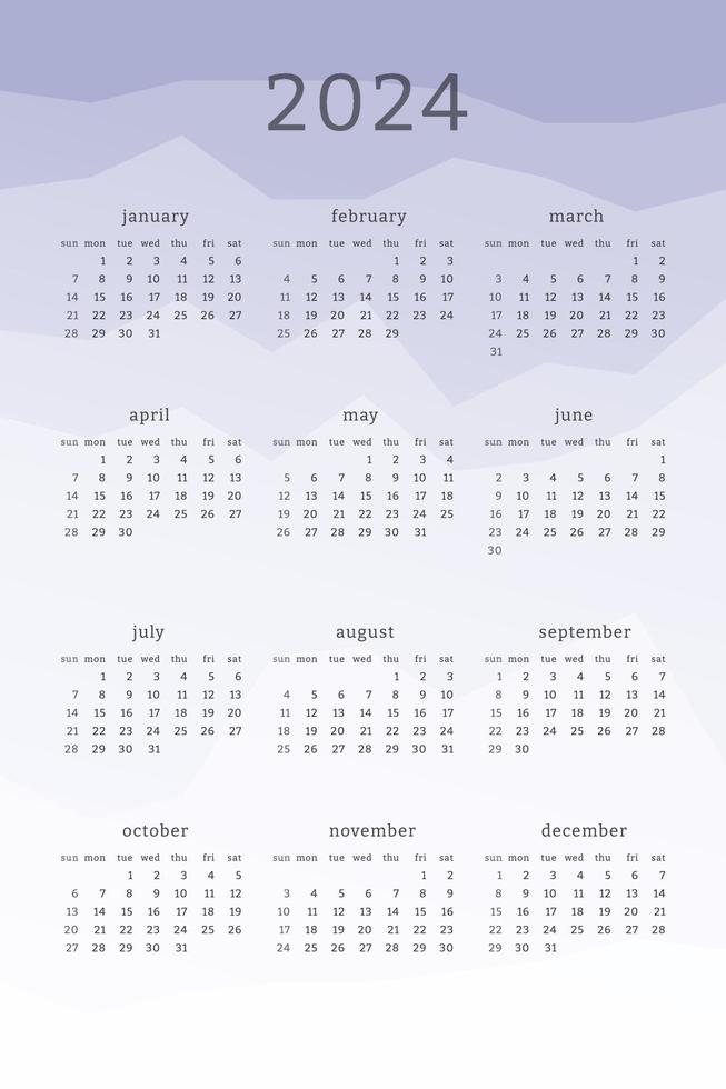 Vertical lavender calendar for 2024 year. Mountains silhouettes abstract gradient colorful background. Calendar design for print and digital. Week starts on Sunday vector