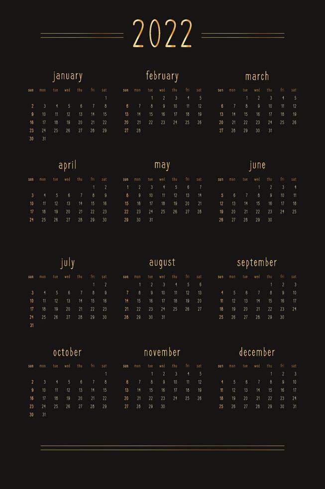 2022 calendar for personal planner diary notebook, gold on black luxury rich style. Vertical portrait format. Week starts on sunday vector