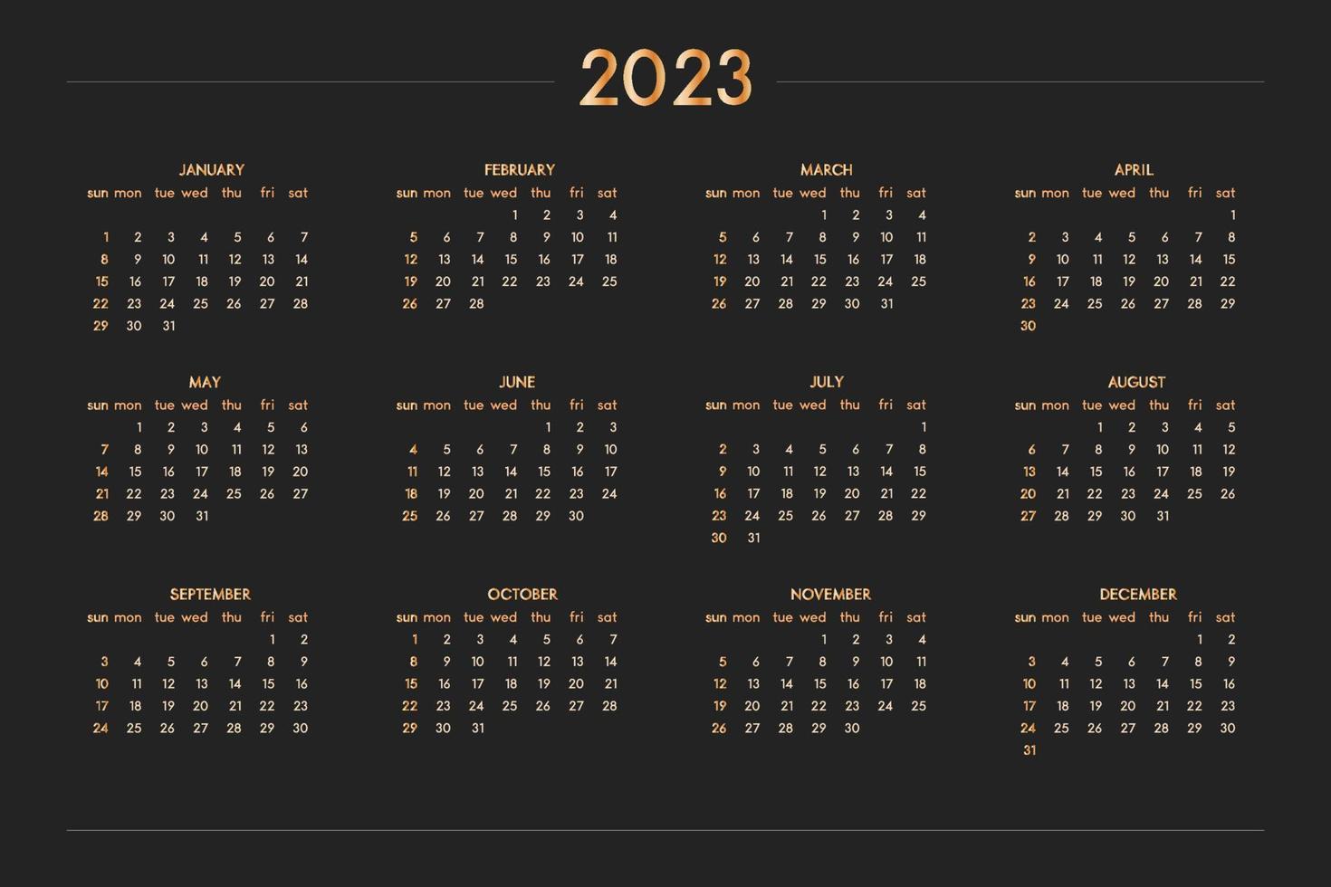 Calendario 2023 para cuaderno diario de planificador personal, dorado sobre negro de estilo lujoso. formato de paisaje horizontal. la semana comienza el domingo vector