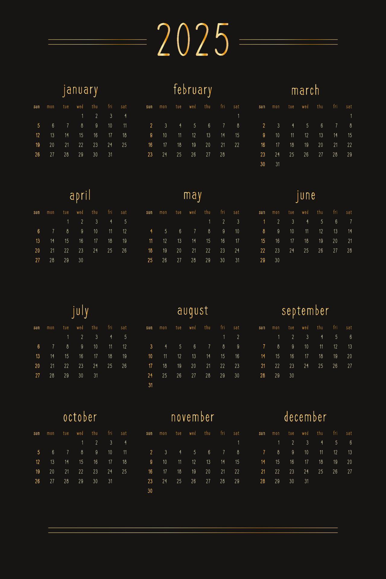 2025 calendar for personal planner diary notebook, gold on black luxury