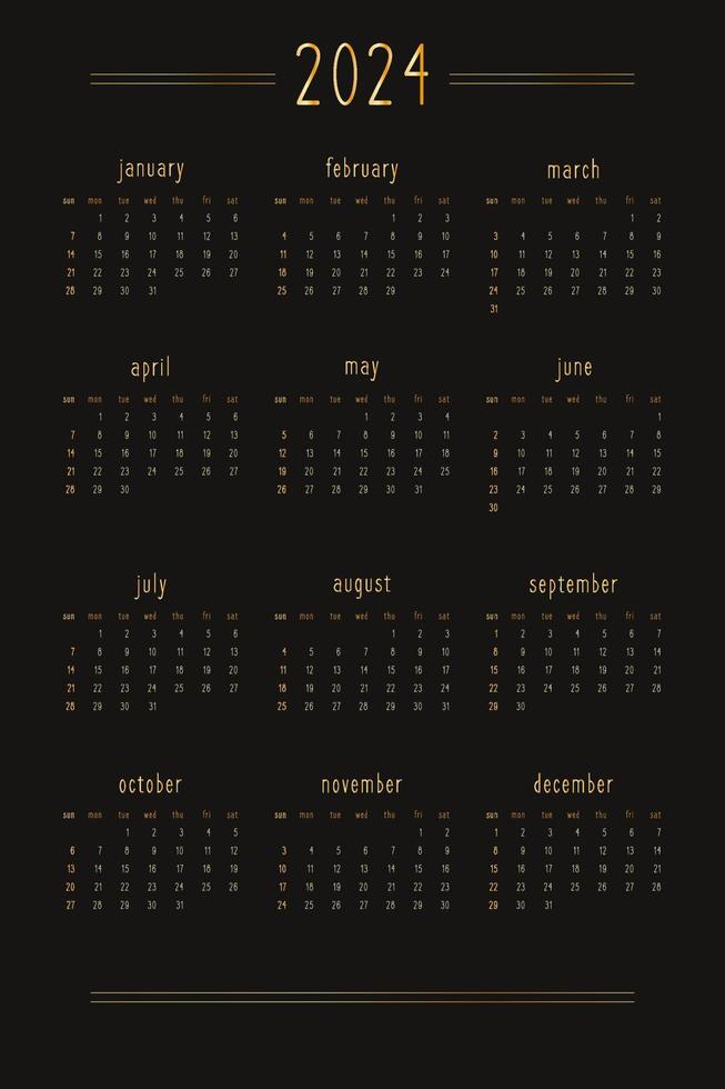 2022 2023 2024 2025 calendario para cuaderno diario de planificador personal, dorado sobre negro, estilo lujoso y rico. formato de retrato vertical. la semana comienza el domingo vector