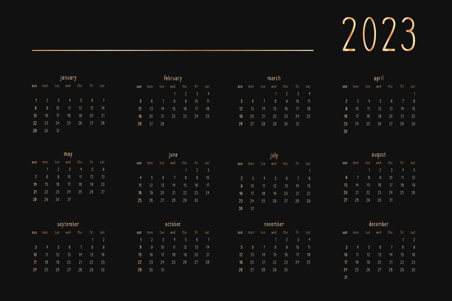 2022 2023 2024 2025 calendario para cuaderno diario de planificador personal, dorado sobre negro, estilo lujoso y rico. formato de paisaje horizontal. la semana comienza el domingo vector