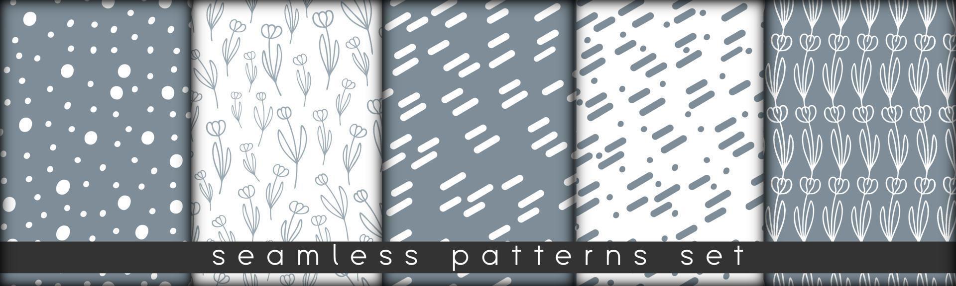 set of combinable seamless patterns. botanical floral hand drawn lineart elements dots spots, ultimate gray and white. design for packaging wrapping fabric textile vector