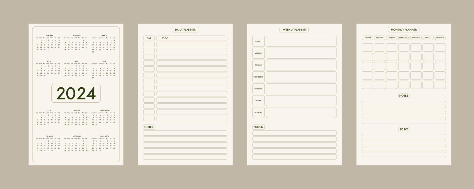 2024 calendar daily weekly monthly personal planner diary template minimalist trendy style, pastel beige olive natural color palette. Week starts on sunday vector