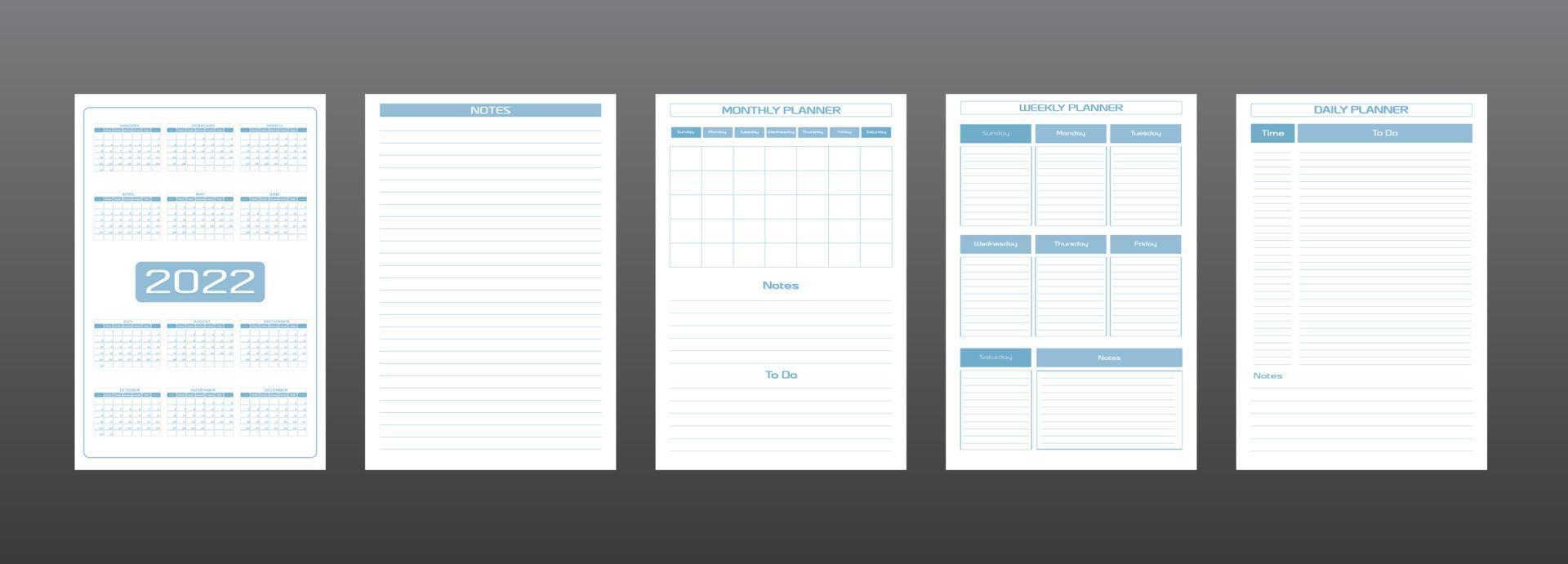 2022 calendar daily weekly monthly personal planner diary template in strict minimalist urban style gray blue color. individual schedule Week starts on sunday vector