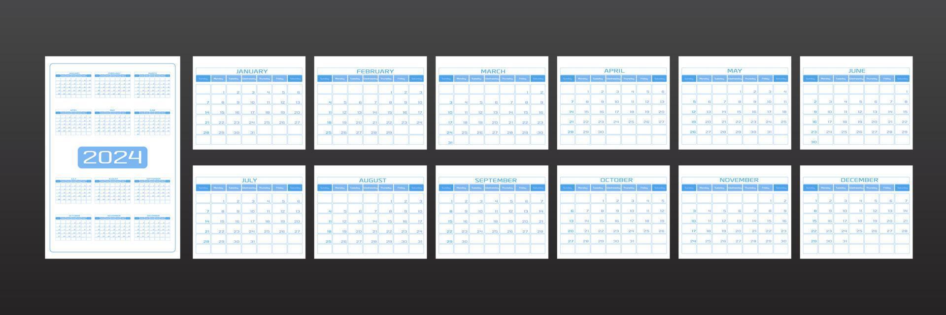 2024 calendar in minimalistic urban trendy style. set of 12 months template daily planner to-do list for every day. rounded streamlined shape, delicate light  blue color. week starts on Sunday. vector