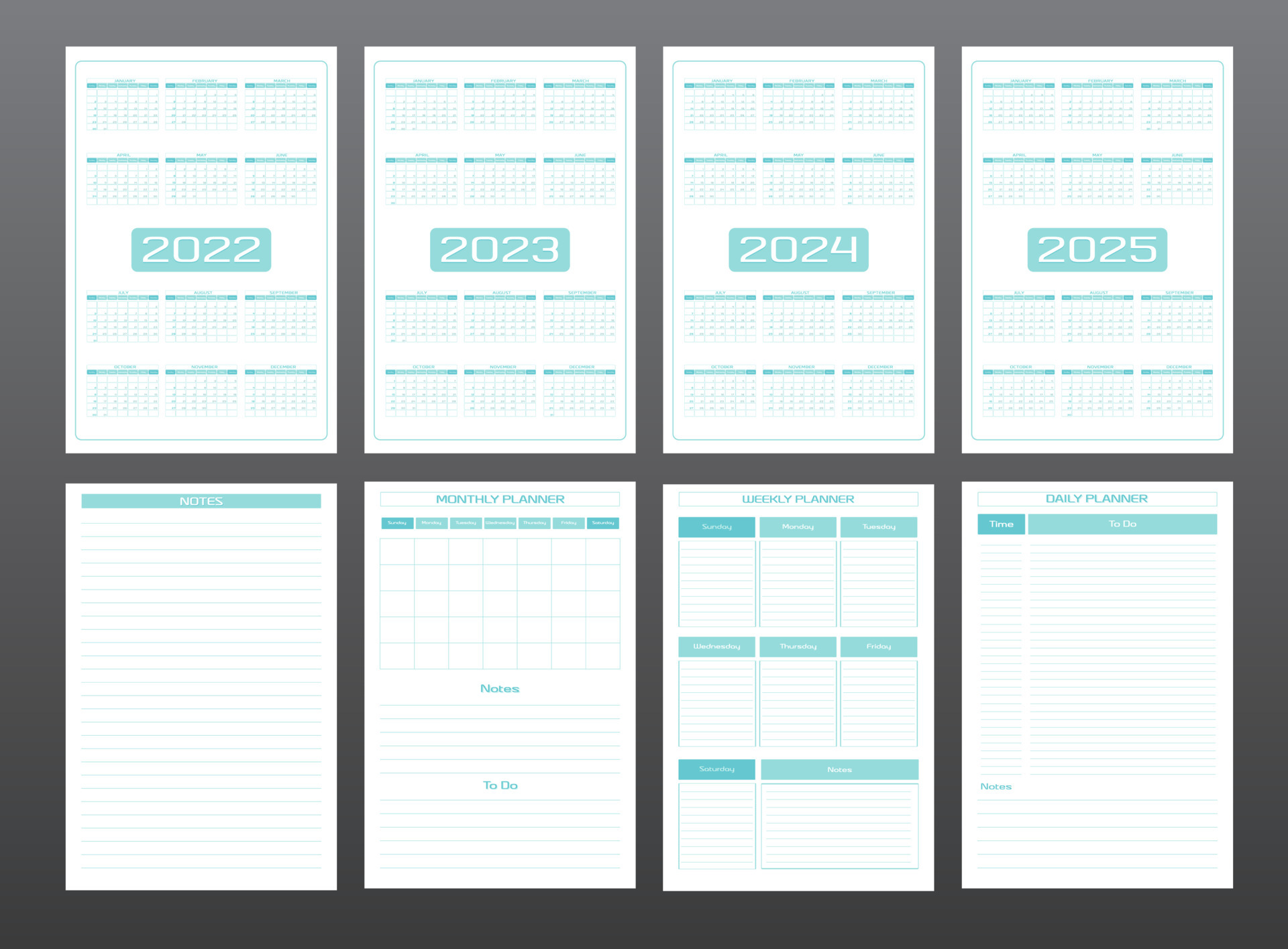 Schedule Se 2022 2022 2023 2024 2025 Calendar Daily Weekly Monthly Personal Planner Diary  Template In Strict Minimalist Urban Style Turquoise Mint Pastel Color.  Individual Schedule Week Starts On Sunday 4779252 Vector Art At Vecteezy