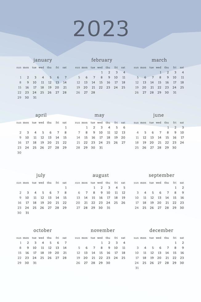 Vertical blue calendar for 2023 year. Mountains silhouettes abstract gradient colorful background. Calendar design for print and digital. Week starts on Sunday vector