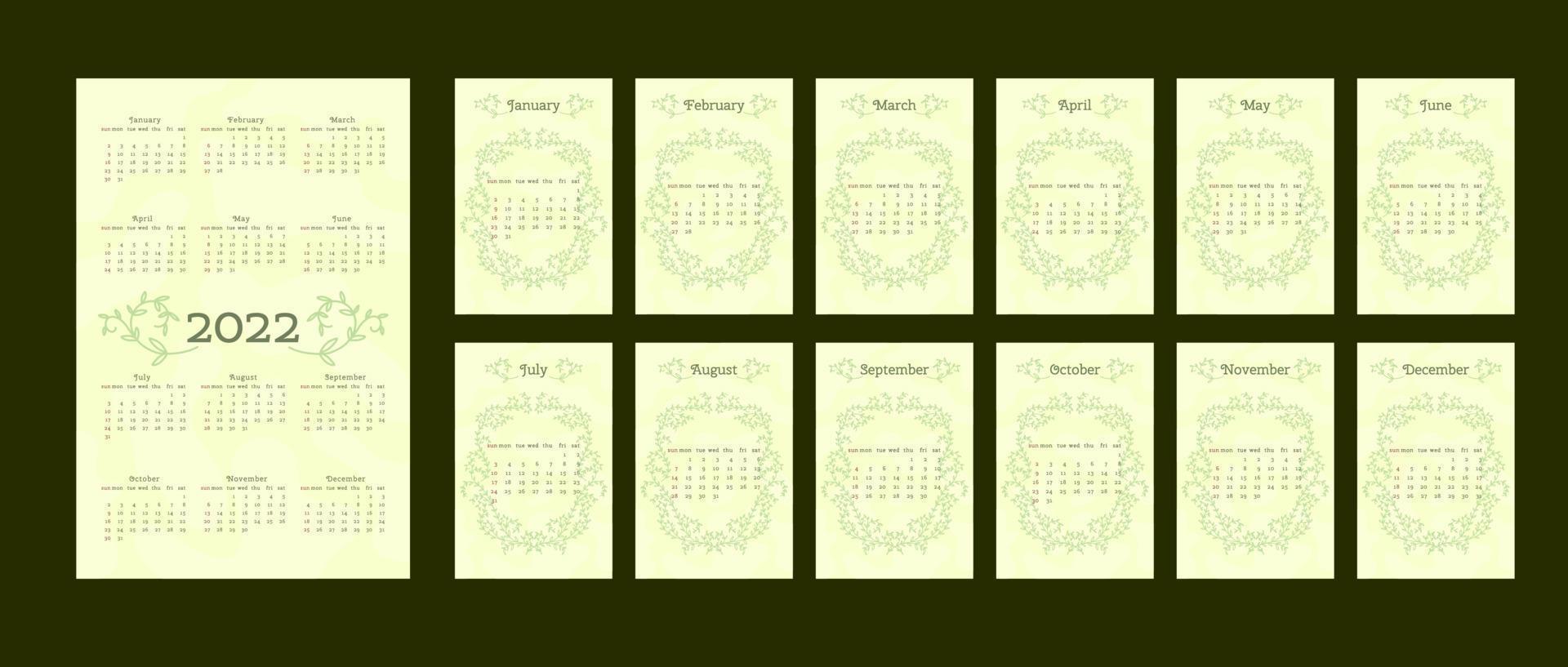 2022 calendar in delicate natural trendy style decorated with botanical hand drawn branch leaves. set of 12 separated months. vertical format. light pastel green color. week starts on Sunday. vector