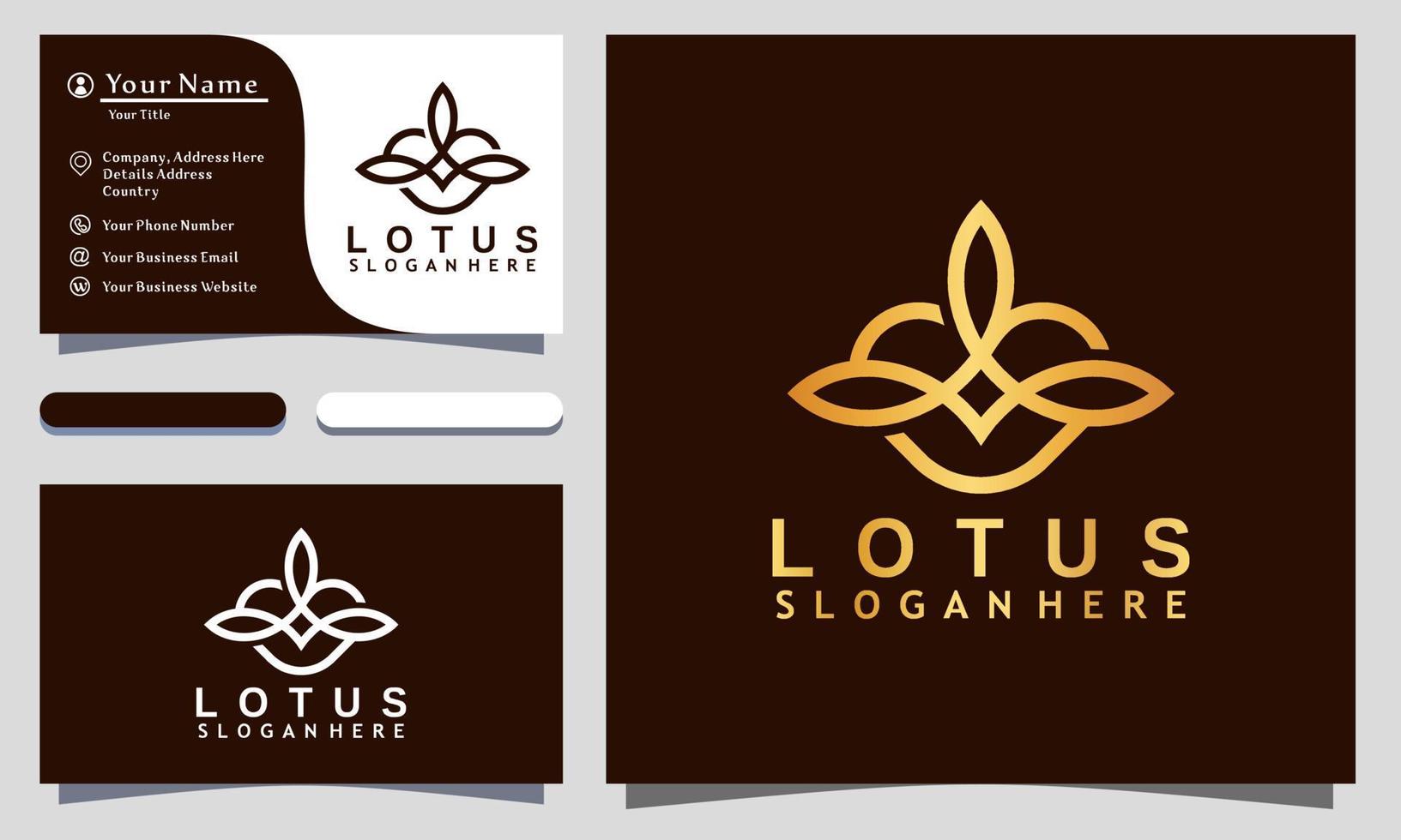 Ilustración de vector de diseño de logotipo de flor de loto minimalista dorado, plantilla de tarjeta de visita