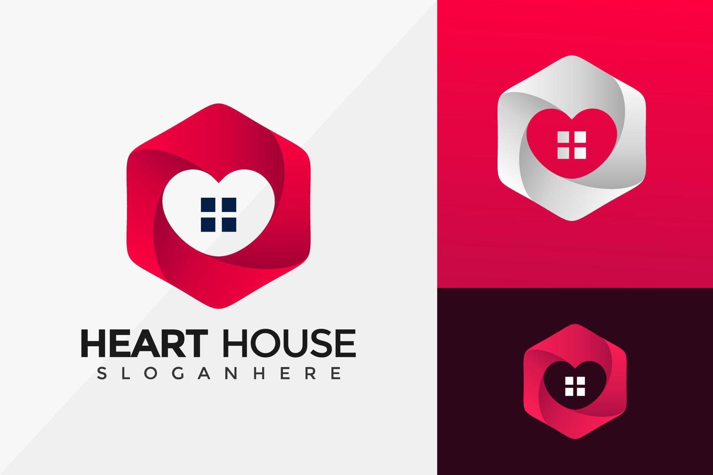 Heart House Hexagon Logo Design, Brand Identity Logos Designs Vector Illustration Template