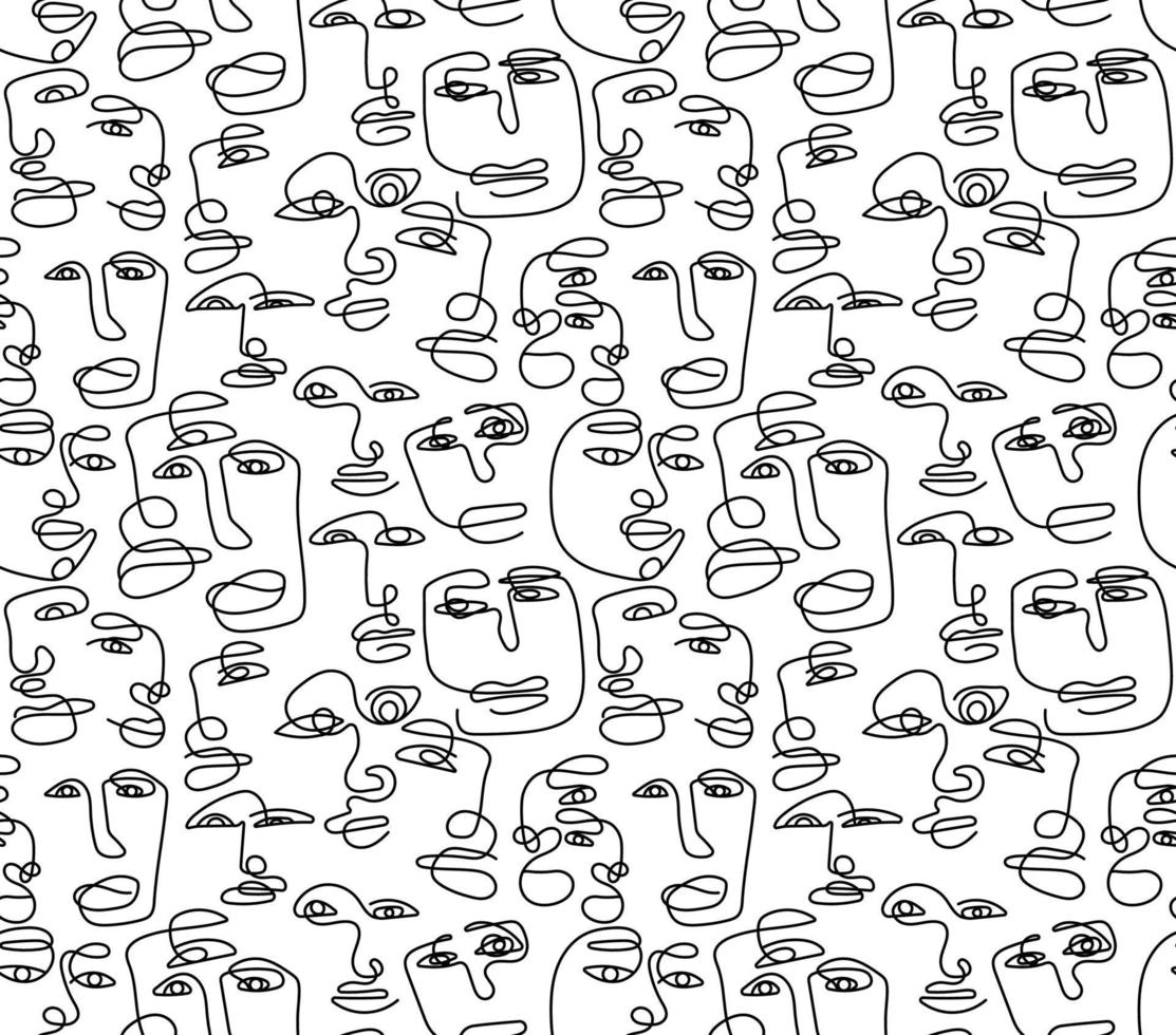 Seamless pattern with a man drawn in one line in an elegant minimalist style. Abstract face of woman and man. Contour silhouette of persons. Vector illustration background design.