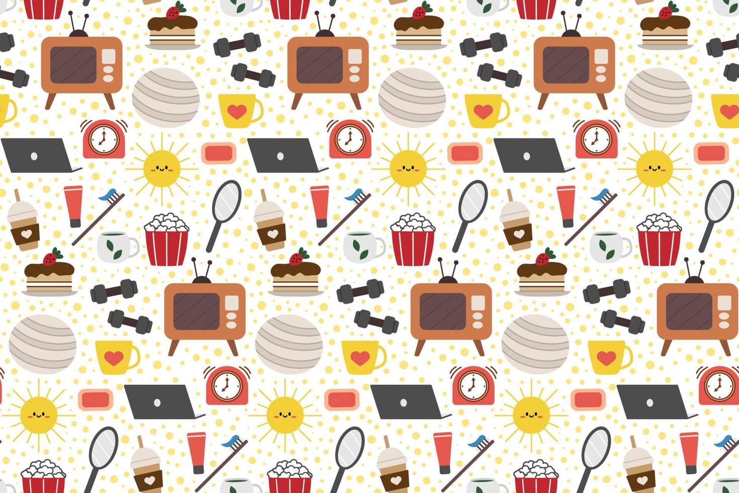 Seamless repeating pattern with cozy household items. Morning and evening routine. Vector illustration.