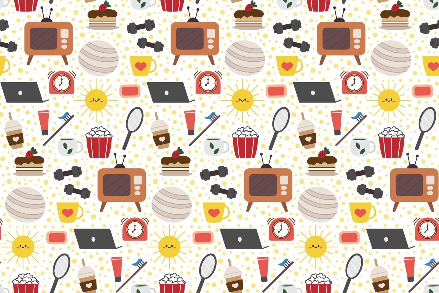 Seamless repeating pattern with cozy household items. Morning and evening routine. Vector illustration.