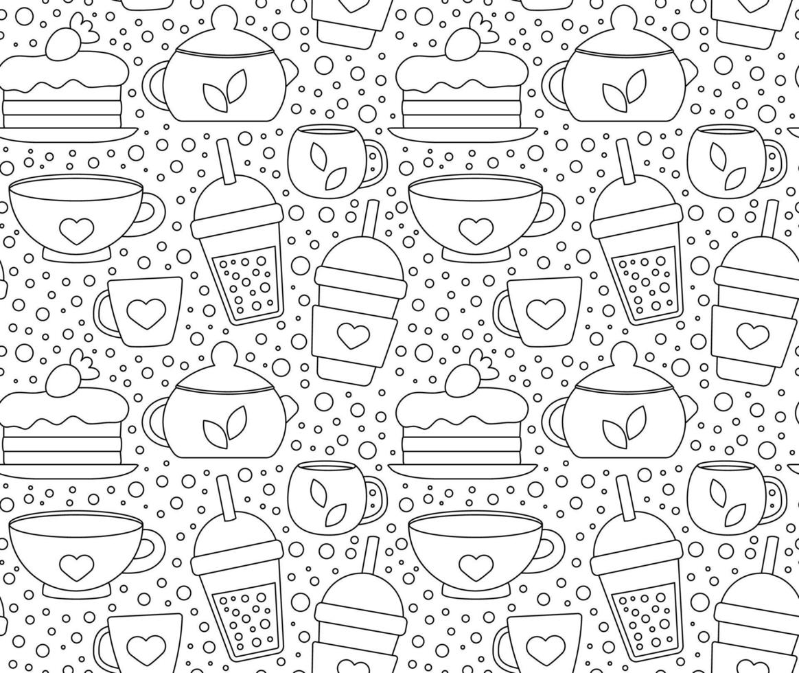 Seamless repeating pattern with drinks and desserts for cafe menu. Print for a shop with tea and coffee and a hot drink. Vector illustration.