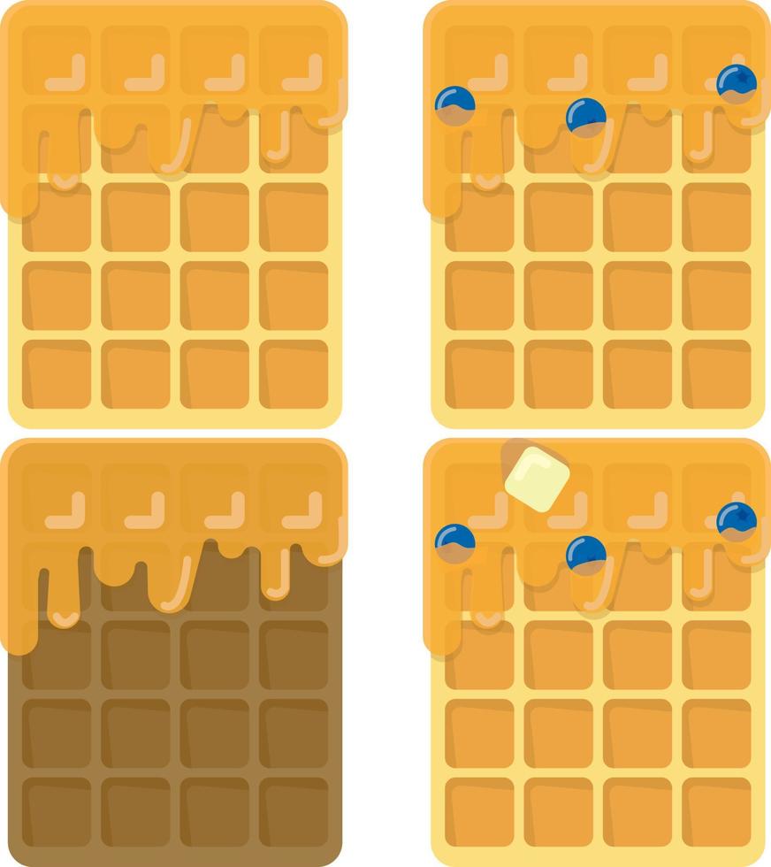 Set of waffles drawn in minimalist style, with blue berries, butter, maple syrup and honey. Regular and chocolate. Sweet cafe or restaurant dessert. vector