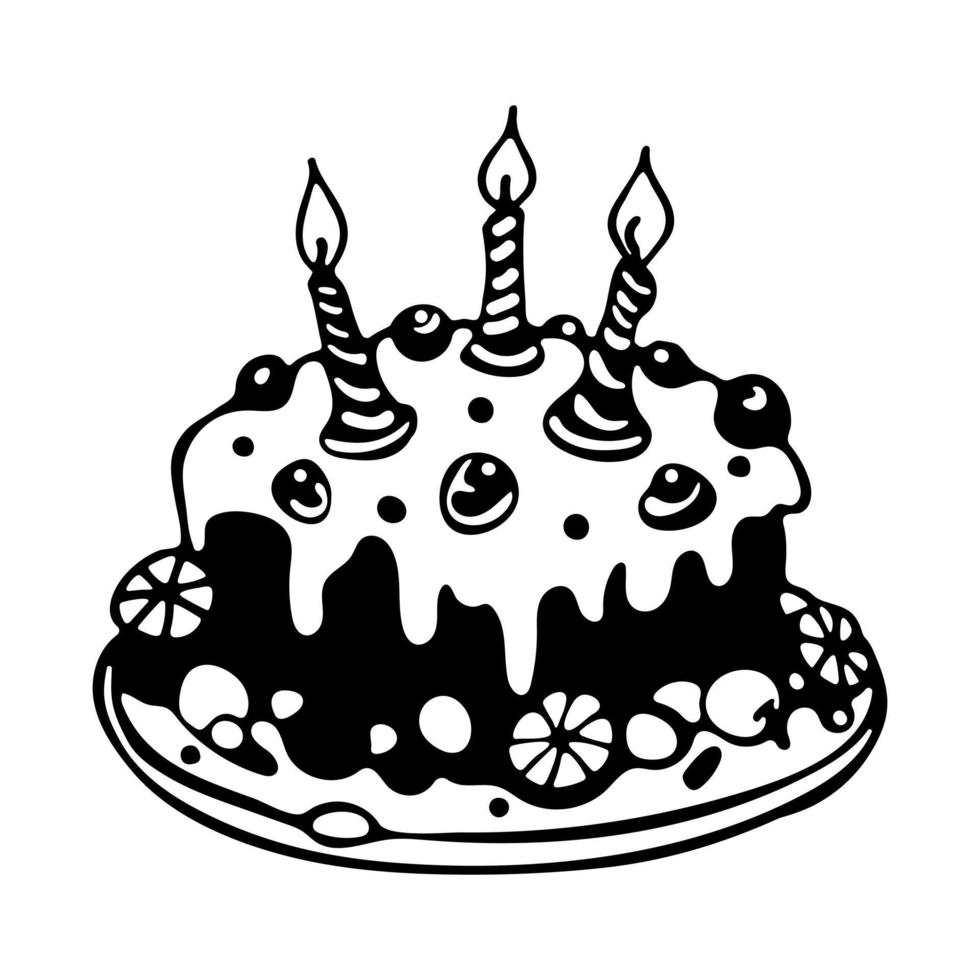 Cake with three burning candles, icing, pieces of fruit. Doodle vector illustration black and white isolated on white background for Happy Birthday greeting card