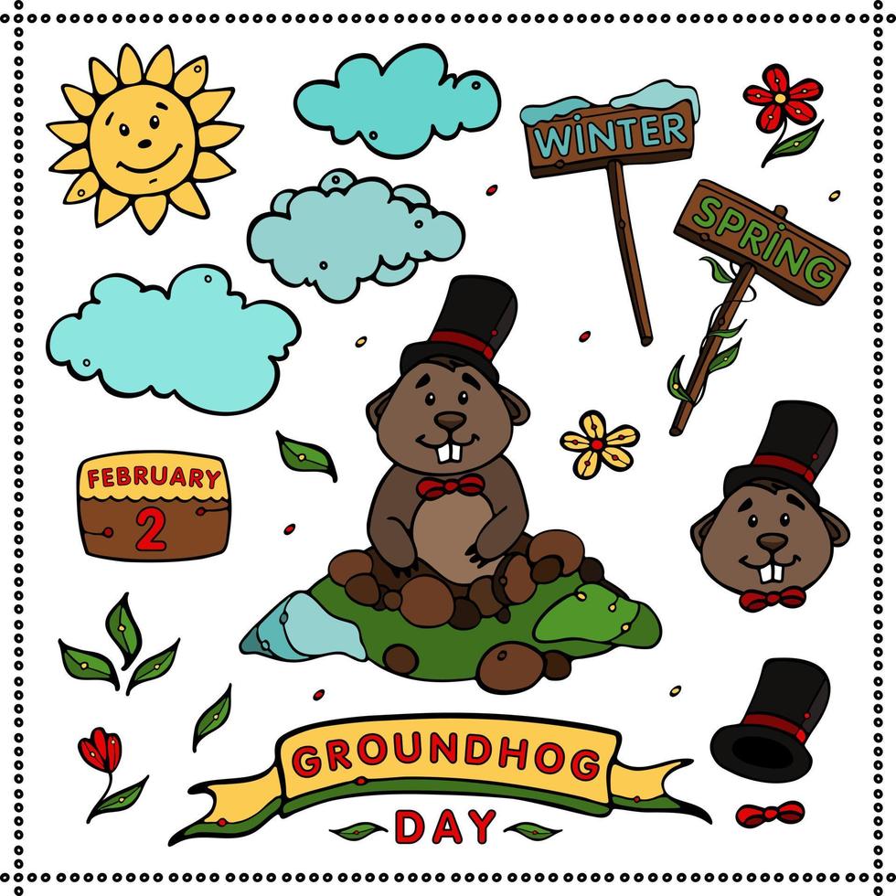 Collection of Happy Groundhog Day. Set of Cartoon Vector Illustrations Forecasting the Weather