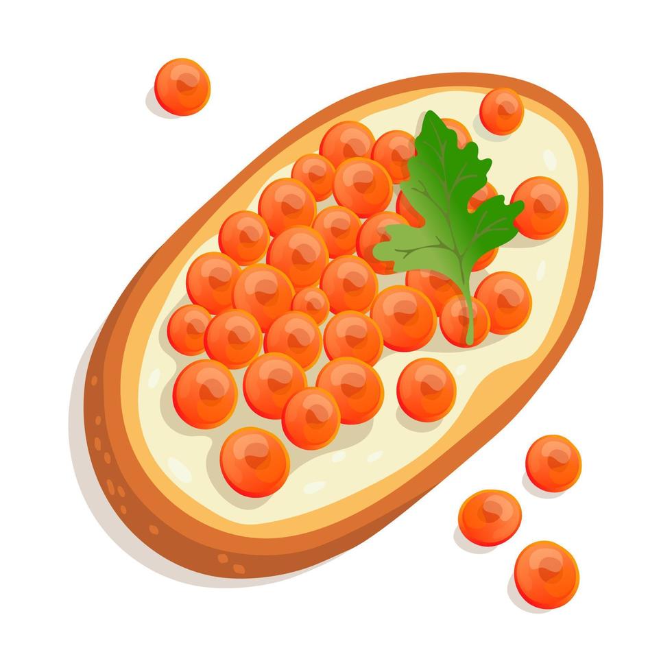 sándwich de caviar rojo con una hoja de perejil. ilustración vectorial aislado sobre fondo blanco. comida saludable para el desayuno. caviar rojo sobre un trozo de pan con mantequilla vector