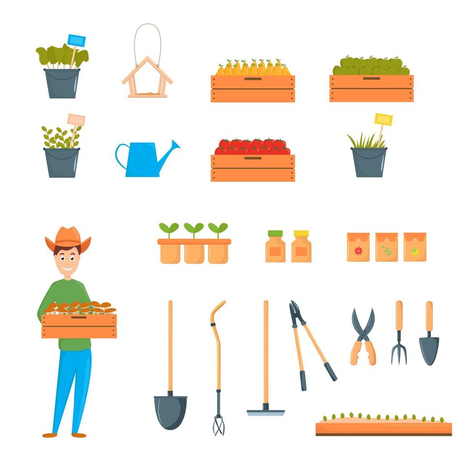 Vector illustration of garden tools. Gardener in a fashionable flat style.