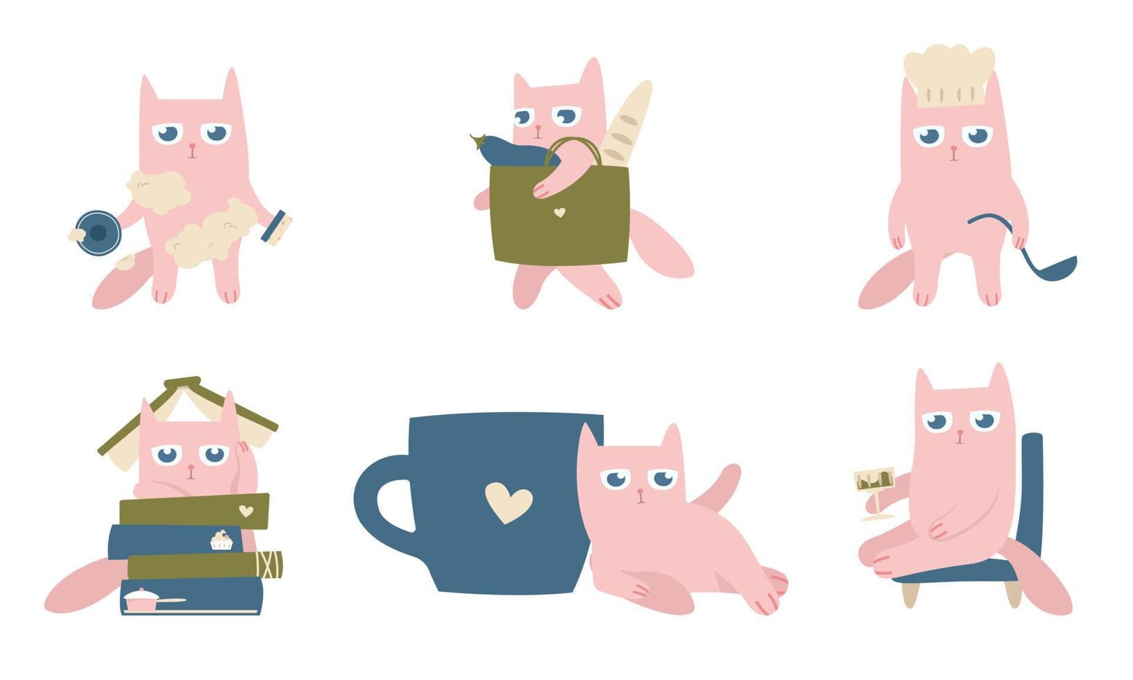 Pink cat in different poses. Funny character in doodle flat style vector