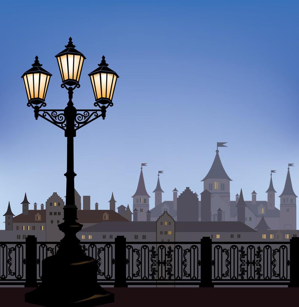 Old city downtown skyline. Night cityscape with luminous street light. Old street light in european town with castle and buildings on background. vector