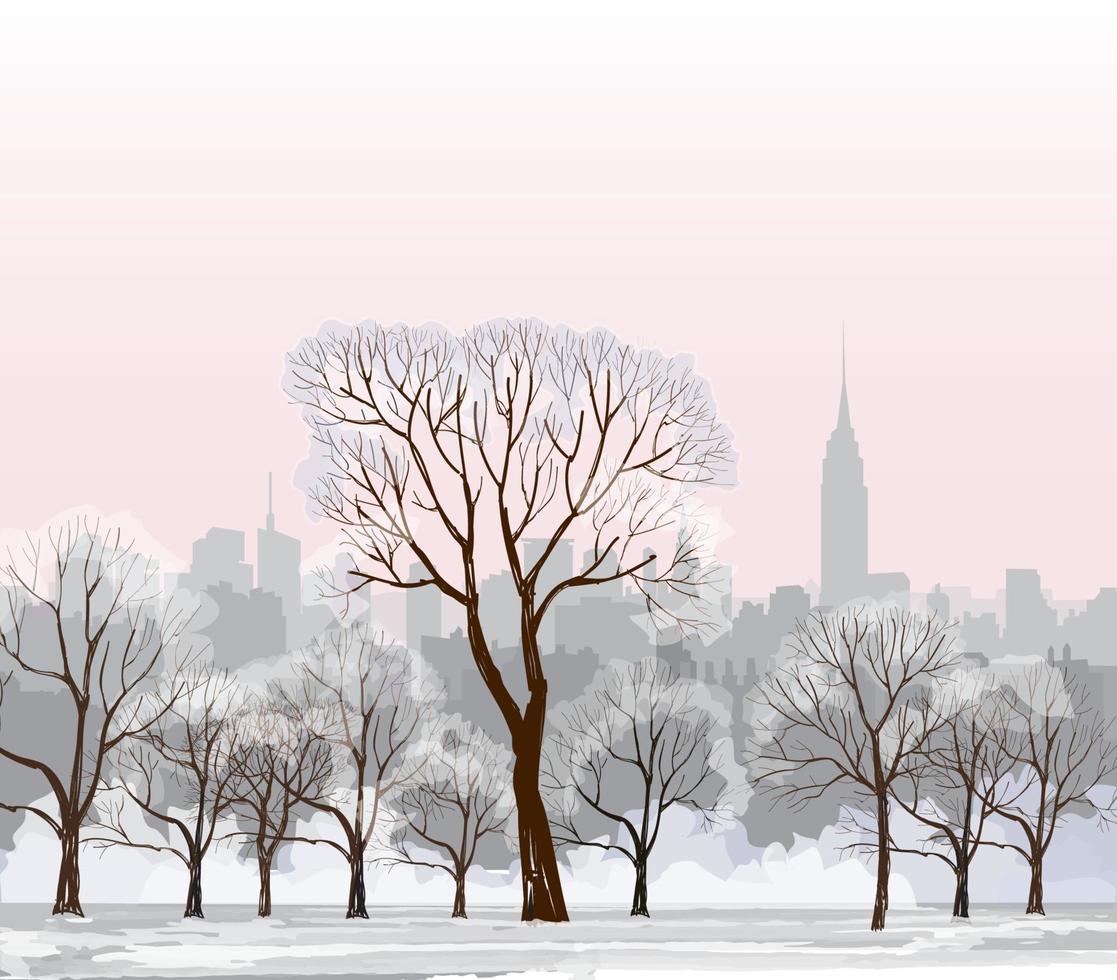 paisaje de invierno de Navidad con farolillos luminosos, copos de nieve y árboles. luz de la calle vieja en el callejón de la nieve del parque de la ciudad. vector