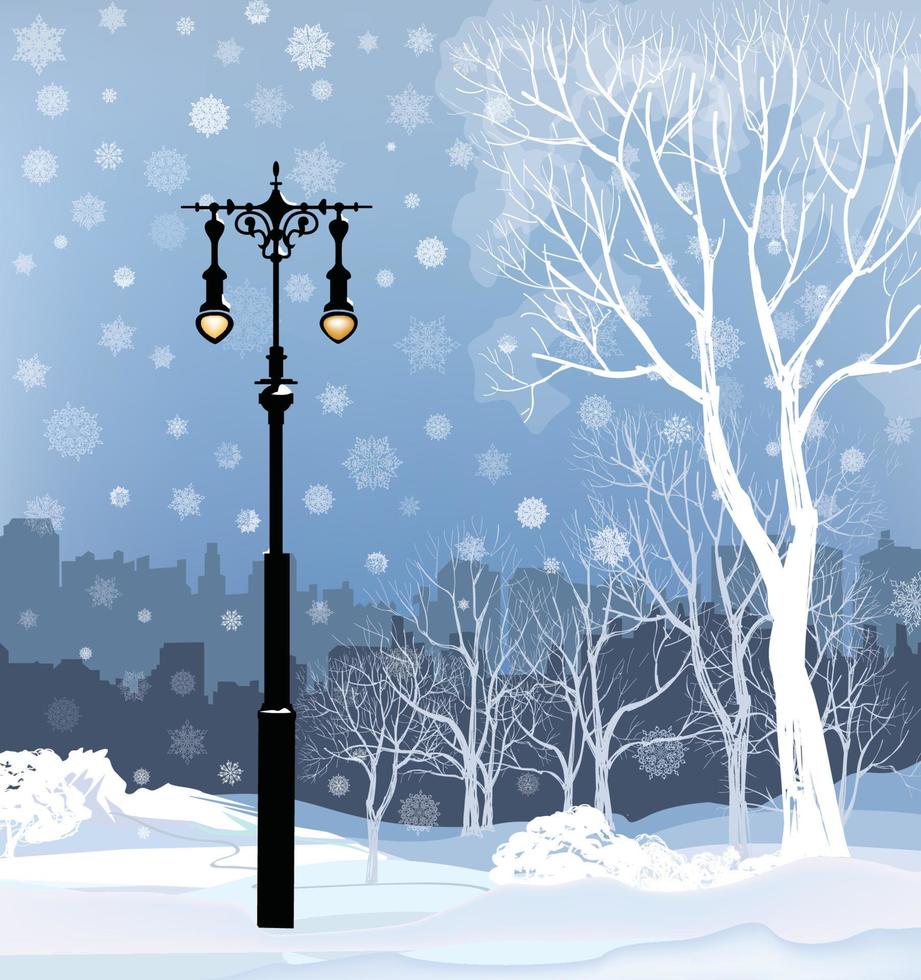 Winter city garden snowfall landscape. Park alley in snow with street light. Snowy city street skyline. Christmas holiday nature background. vector