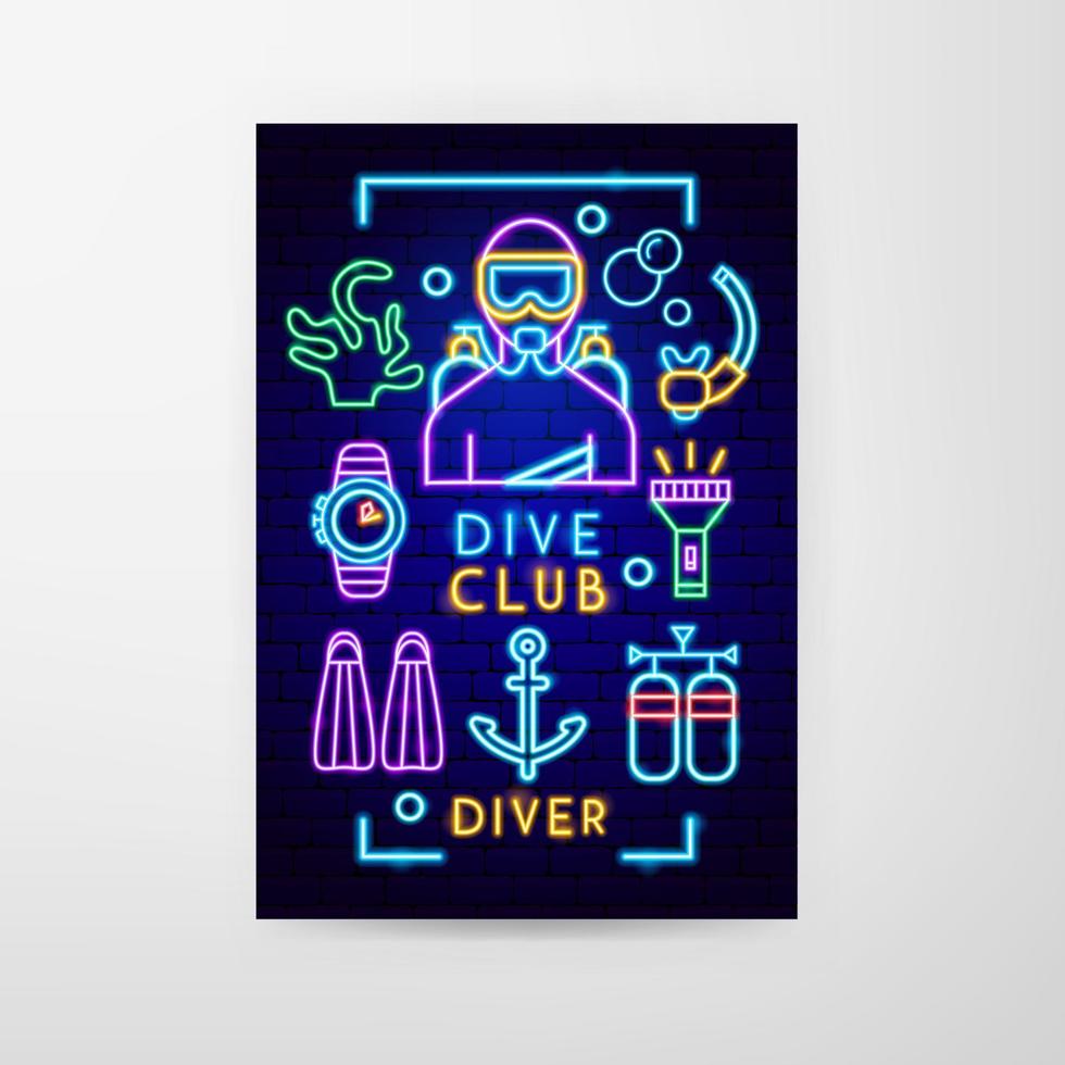 folleto de neón del club de buceo vector