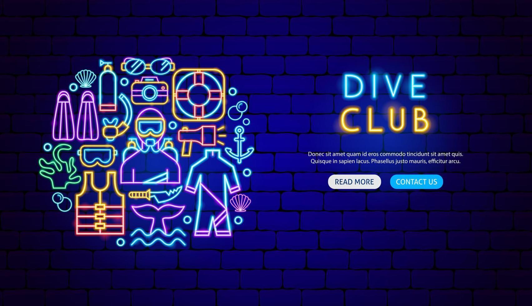 diseño de banner de neón del club de buceo vector