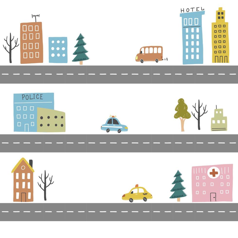 Kids city map of transport and road. Vector illustration.