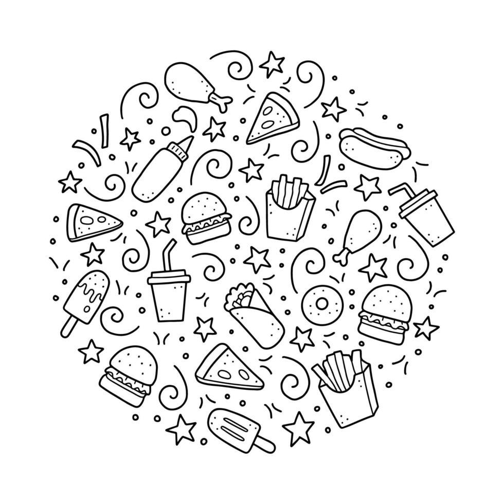 conjunto de doodle de comida rápida dibujado a mano. ilustración vectorial. vector