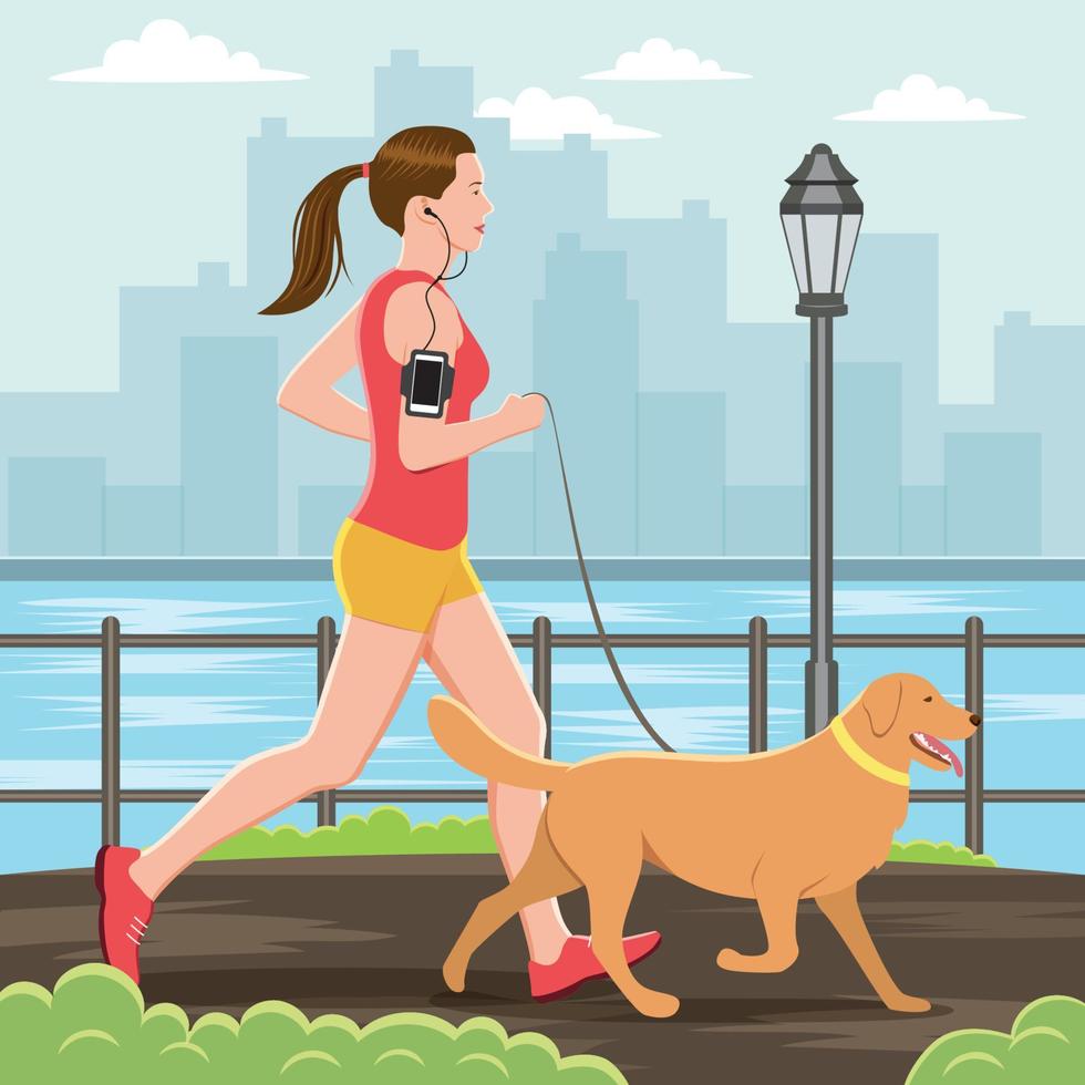 mujer corriendo con su perro en el parque vector