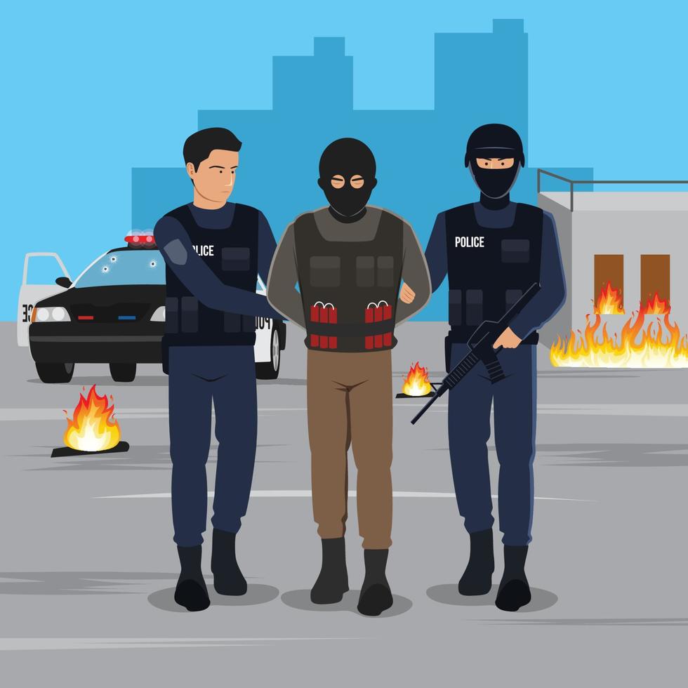 Ilustración de un terrorista arrestado por la policía. vector