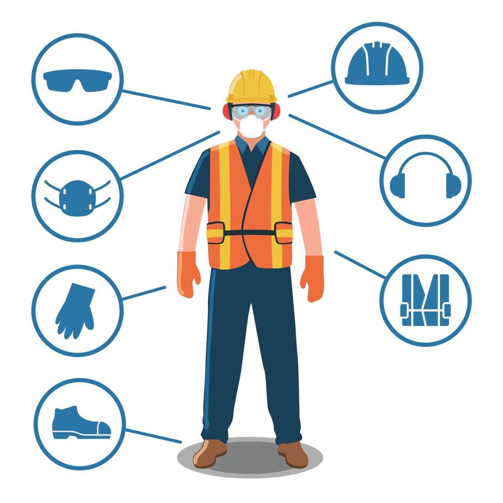 Trabajador de la construcción con equipo de protección personal e iconos de seguridad. vector